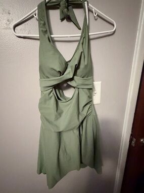 Olive Green Halter One-Piece Swim Dress